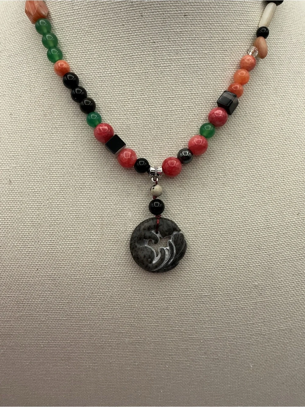 Multicolor Beaded Jade Pendant Necklace - Sterling Silver 925 Accents
